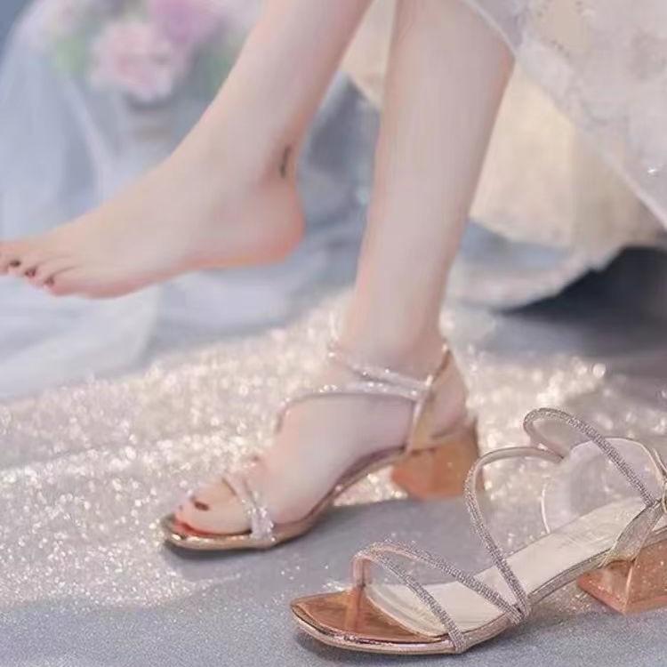 Small Fresh Thick Heel Sandals Fairy Style 2025 New Femininity Summer and Autumn Middle Heel Rhinestones with Skirt High Heels
