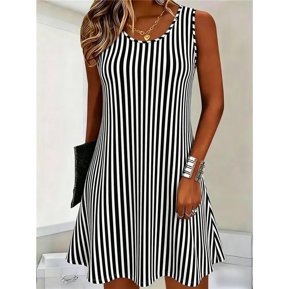Sommer Damen Rundhals Ärmelloses Kleid Kreatives Streifenmuster 3D Übergröße Urlaubs Kleid Modisch Bequem Weich Atmungsaktiv Minikleid