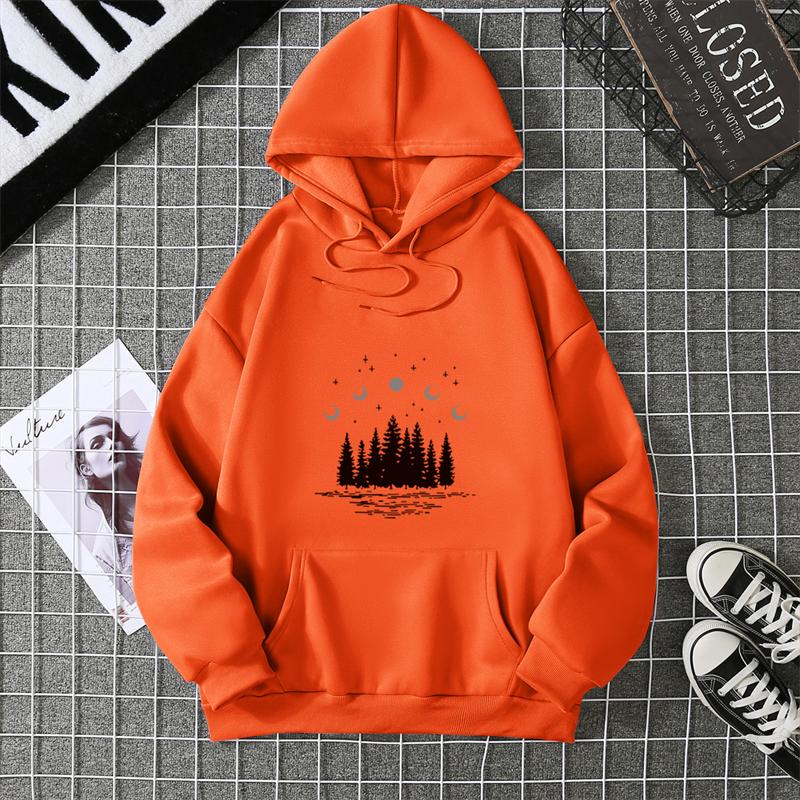 Hooded Dark Forest Print Letter Universe Faith Harajuku Hooded Women Hoodie O-neck Long Sleeve White Tops Female Clothing