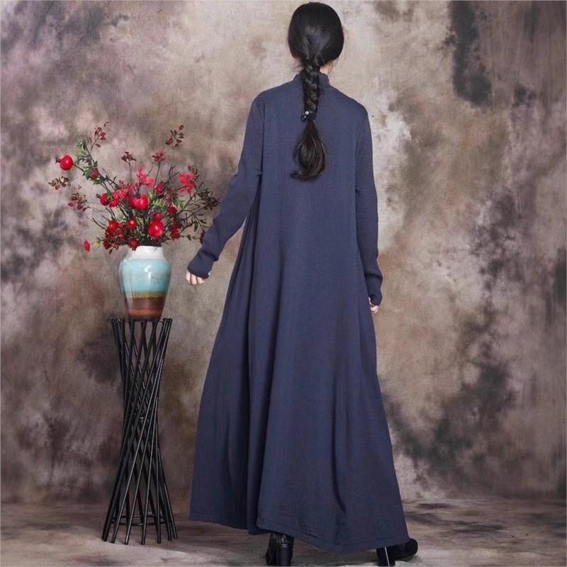 Johnature Women Vintage Knitted Dress Solid Color Half High Collar A-Line Autumn Soft Female Long Dresses