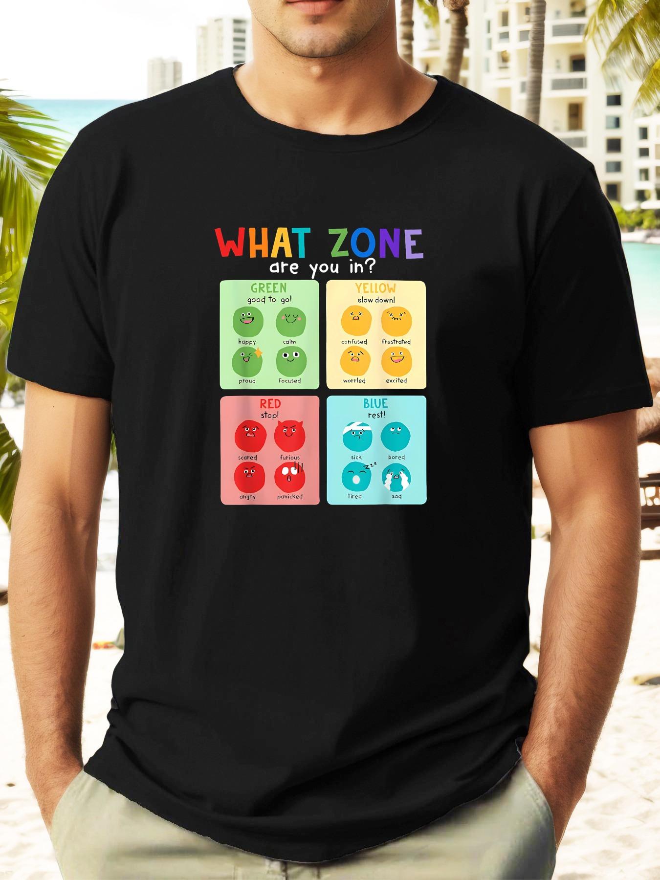 

WHAT ZONE Casual Graphic T-shirt - Summer Short Sleeve Round Neck Tee with Colorful Grid Zones & Playful Icons L