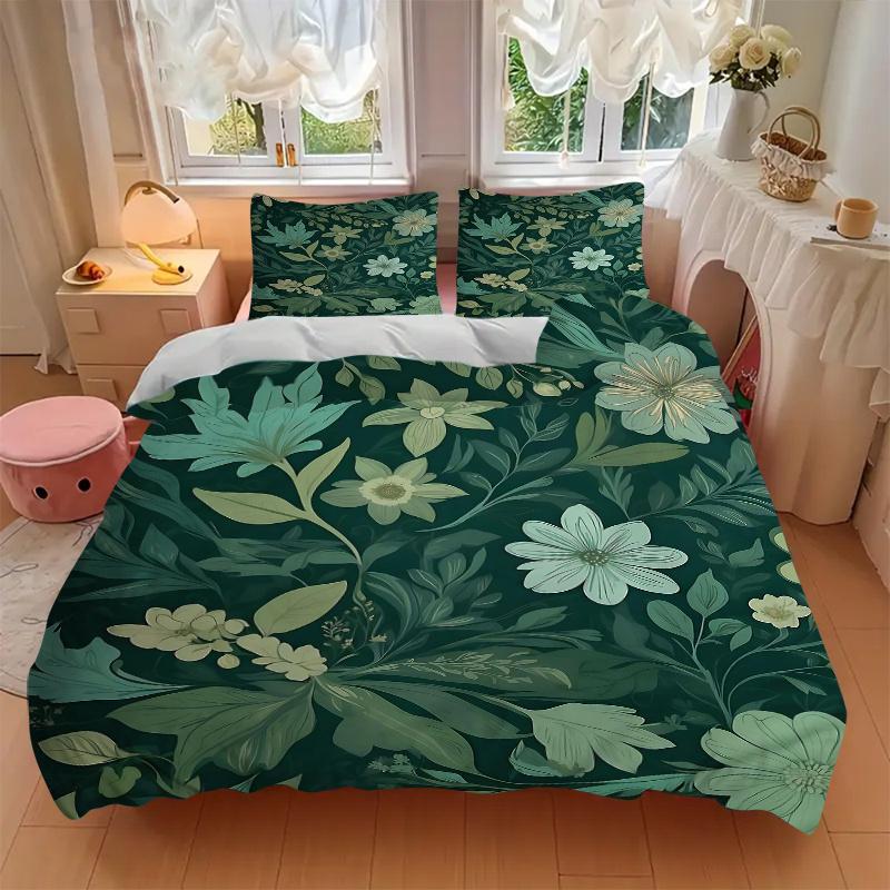 3pcs Green Leaves Printed Bedding Set, Soft and Comfortable Quilt Cover for Bedroom, Guest Room (1 Duvet Cover + 2 Pillowcases