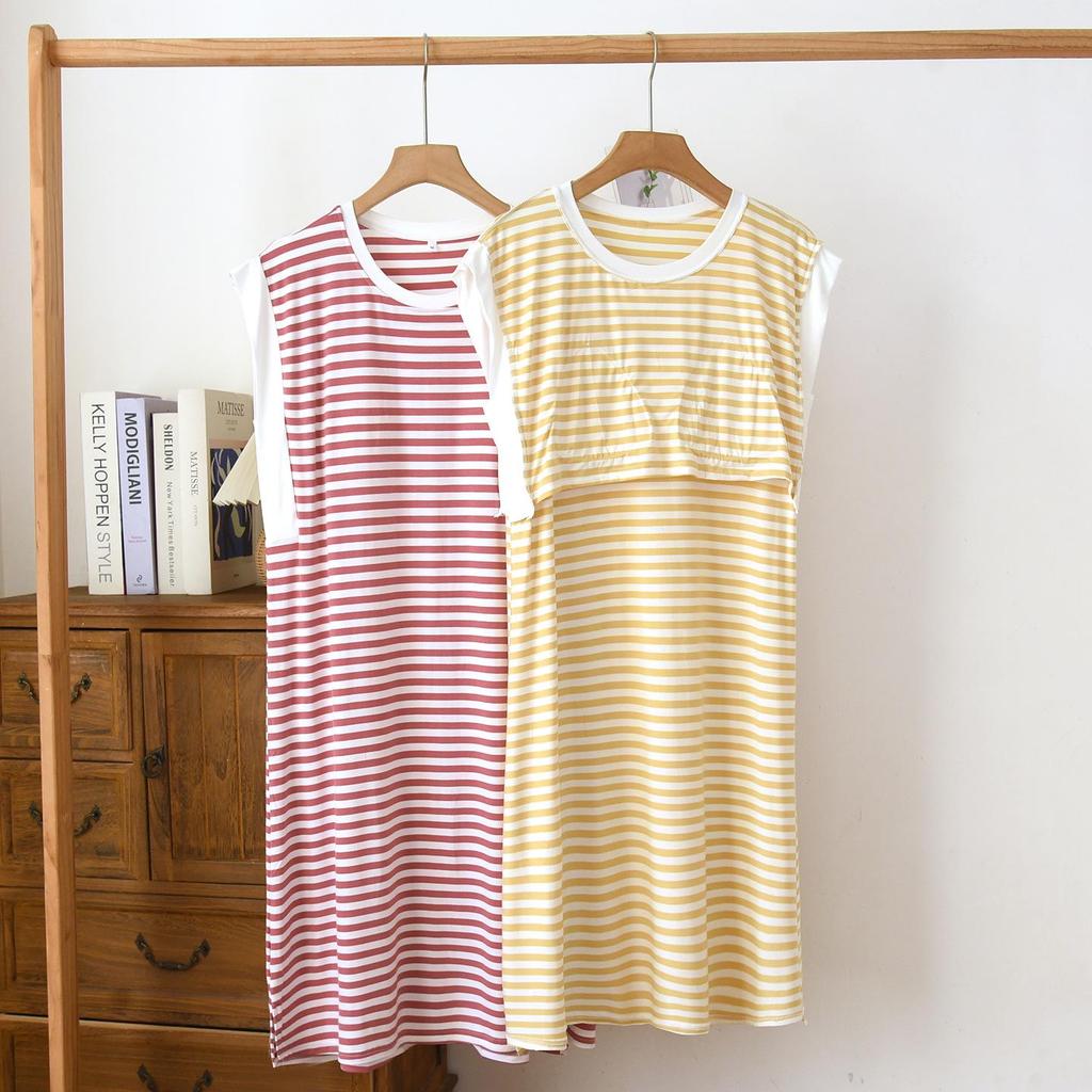 Sleeveless Women's Striped Mid-Length Nightgown with Chest Pads and Wide Straps for Summer, Outdoor Wear, and Home Pajamas.