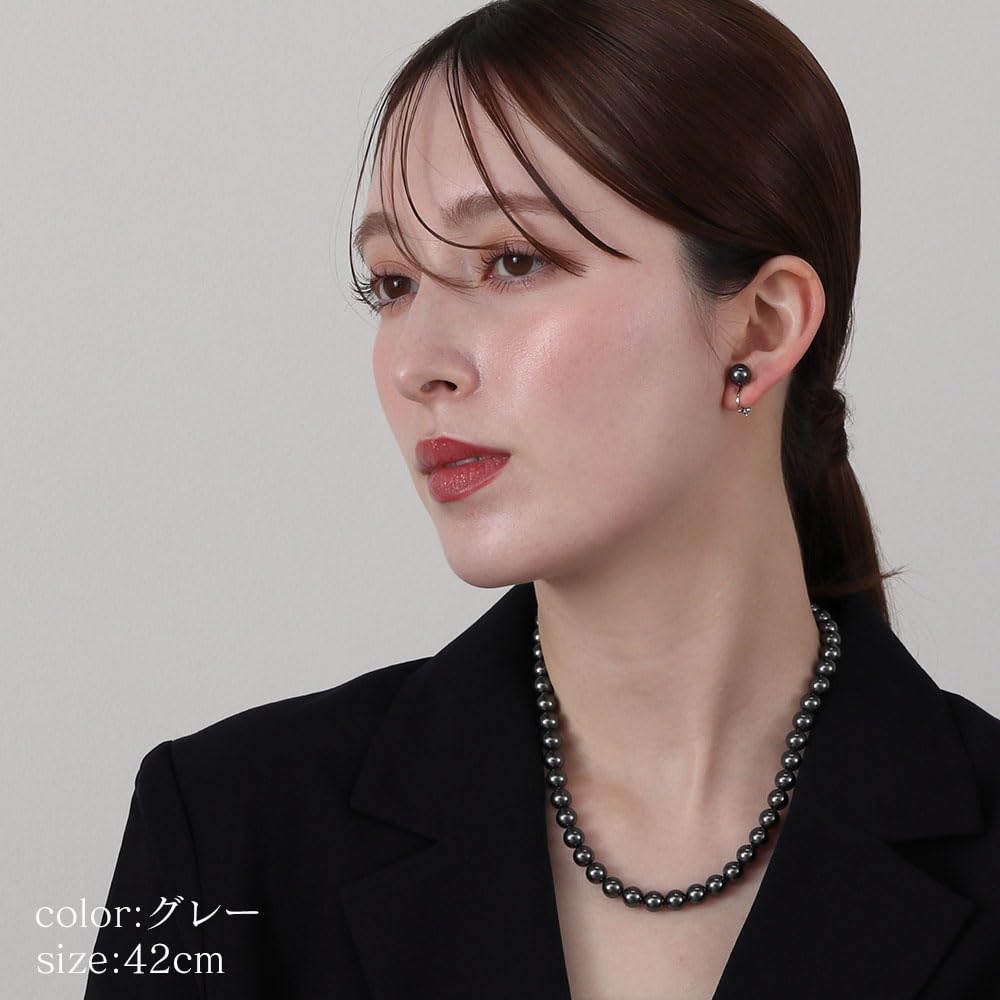 Pearl Grand Premium For Brand Warranty [VOTRE COUTURE] Necklace, High-Quality Japanese-Made Pearl, Weddings, Funerals, 8mm, 39cm, Grey, Earrings,