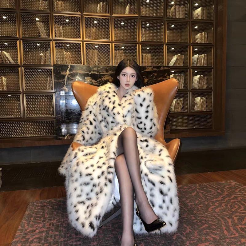 Imitation fur lapel jacket large size women's loose plus long coat women's white lace-up fluffy coat