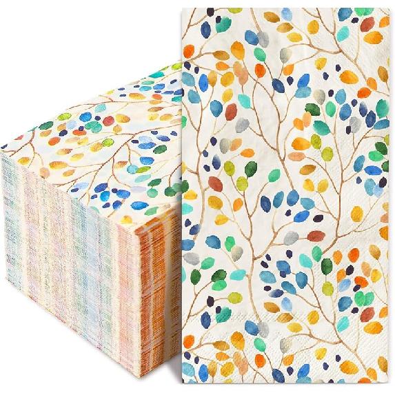 AnyDesign 100Pcs Colorful Leaves Guest Napkins Watercolor Leaf Branches Disposable Paper Napkins Dinner Hand Napkin for Home Kitchen Bathroom Holiday