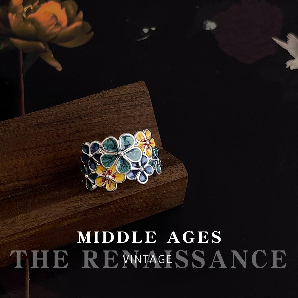 Retro Blue Enamel Drip Glaze Floral Adjustable Ring for Women