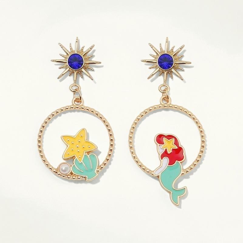 

New Blue Purple Rhinestones Cat Star Charms Asymmetric Earrings for Women Party Classic Cute Girls Drop Earrings Jewelry Gift