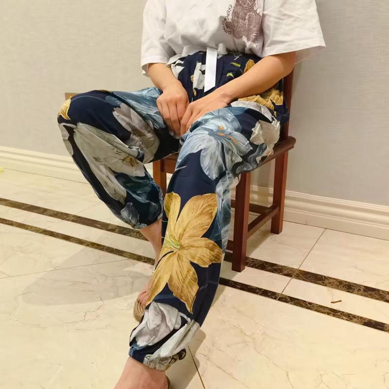Women's Summmer Pants Drawstring Elastic Waist Beach Bloomers Pajama Pants Capri Pants