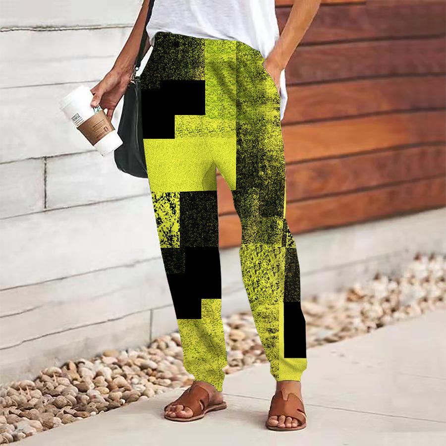 Women Geometry Printing Pants Lace Up Elastic Waist Loose  Trousers Casual Long Pants Trousers with Pockets