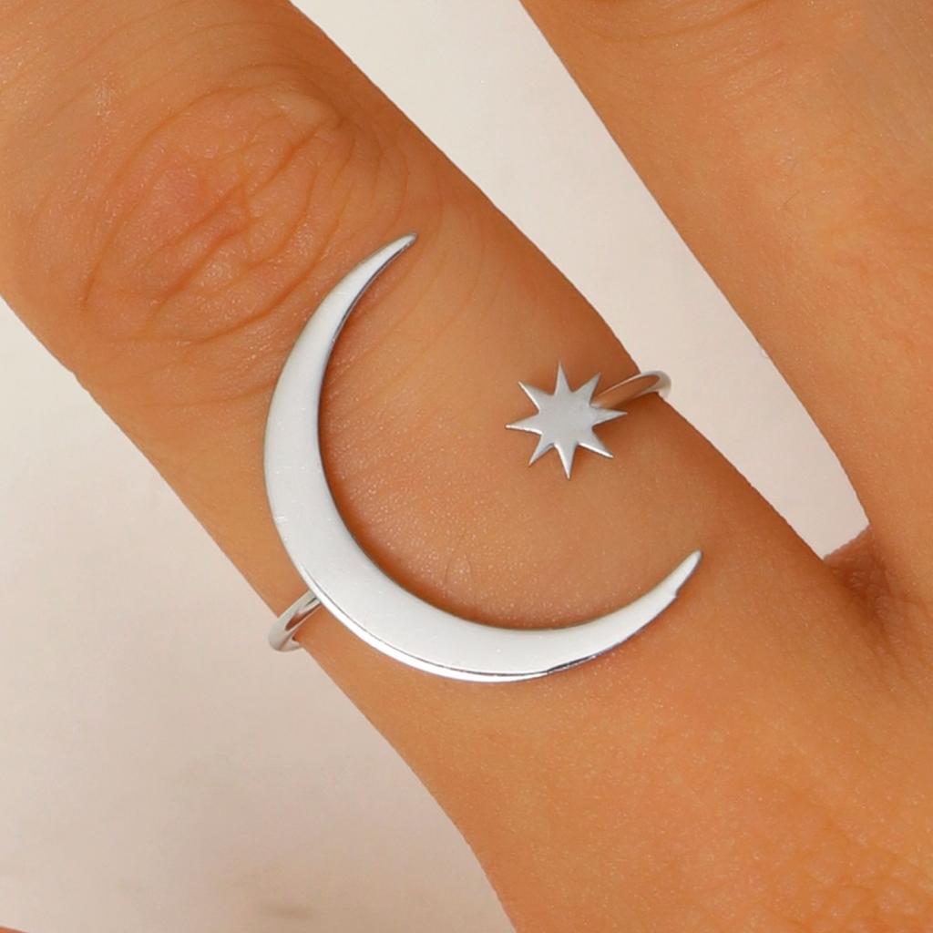 Crescent Moon and Star Open Ring for Women Minimalist Celestial Adjustable Ring