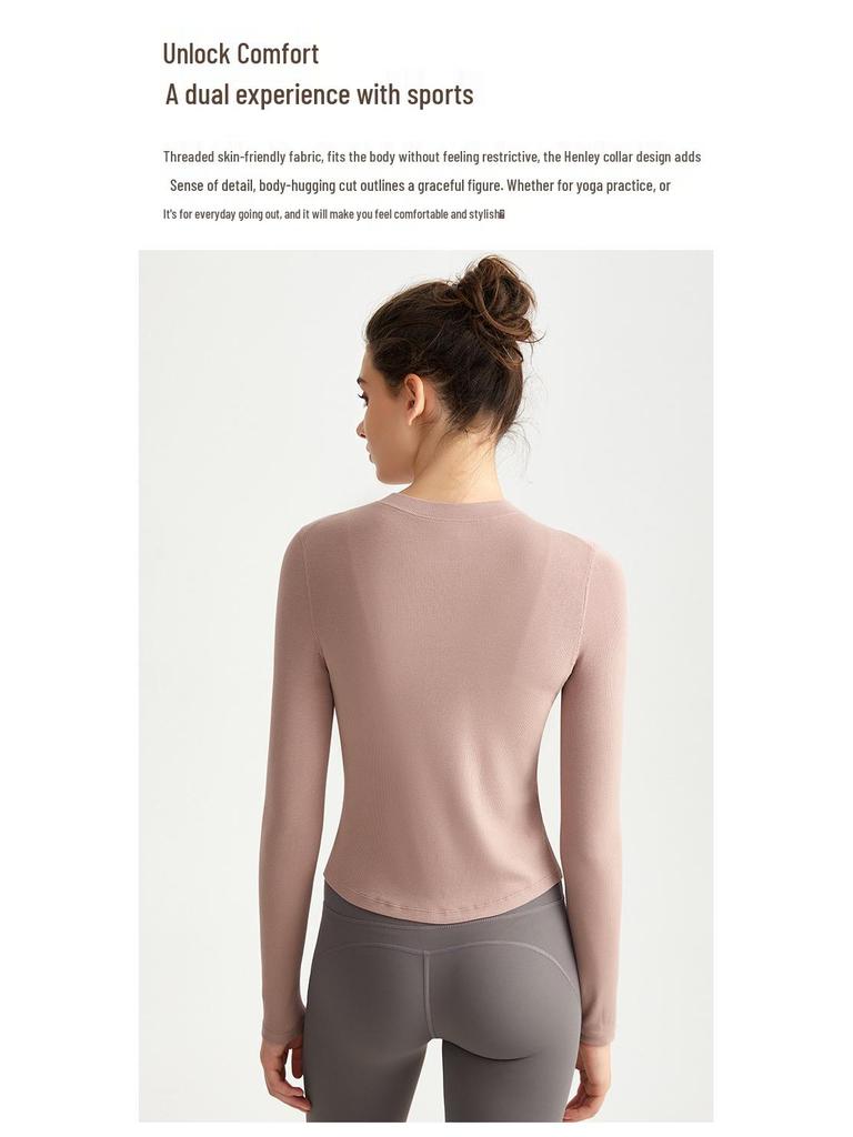 LAHN Damen Langarm Rundhals Knopfleiste Sportoberteil, Enganliegend, Hohe Elastizität, Antibakterielle Yoga & Fitnessbekleidung für den Winter