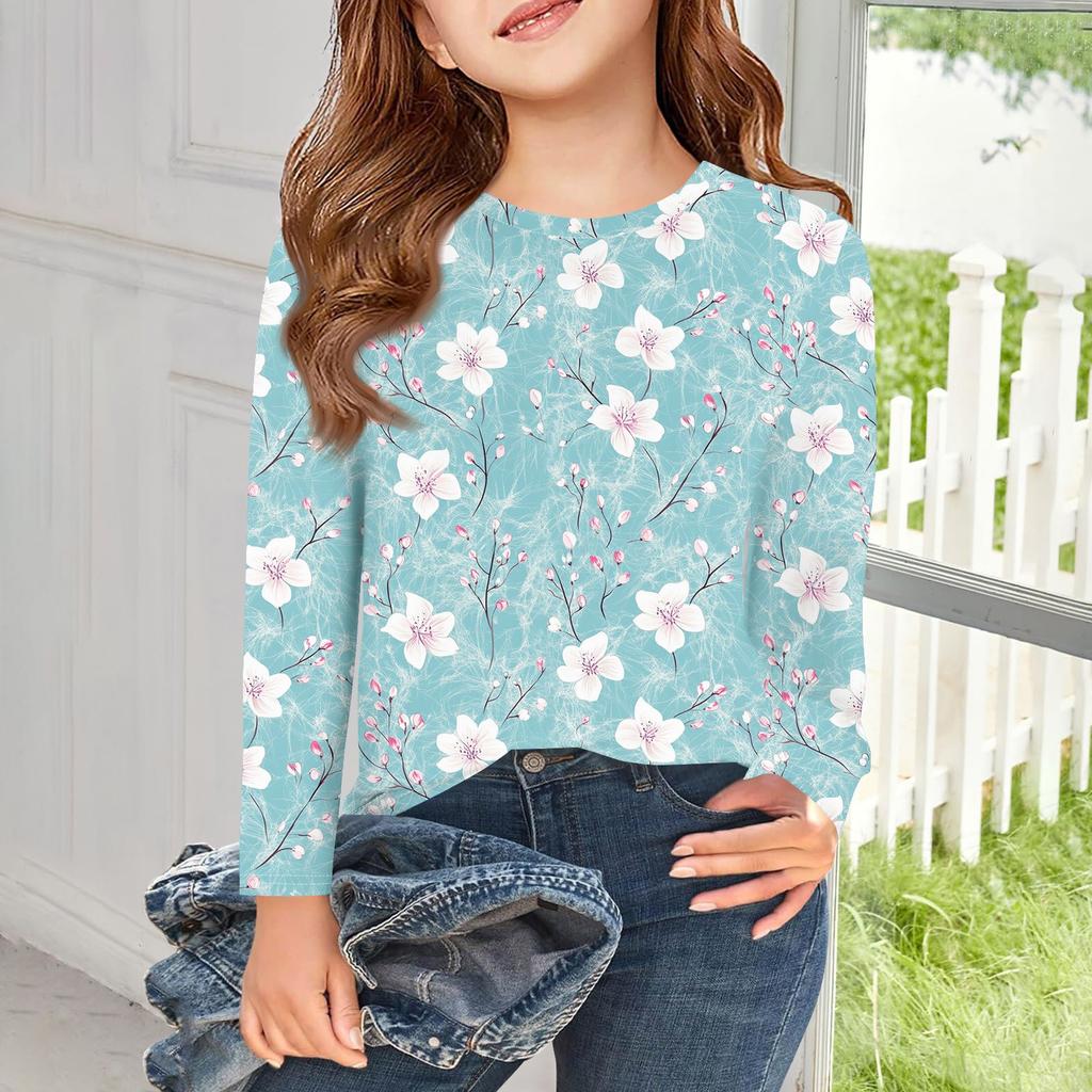Mädchen Langarm T-Shirts Kinder Herbst Tops Rundhals Bedruckt Basic T-Shirts 5-14J