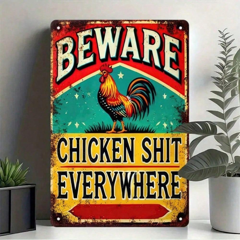 1PC Funny Beware Of Chicken Metal Sign, Rustic Farmhouse Wall Art, Humorous Farm Yard Decor, Tin Country Sign, Outdoor Decor