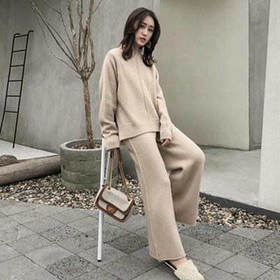 Autumn Winter Thick Knitted Two Pieces Set Women Warm Half Turtleneck Pullover Sweater+Wide Leg Pants Warm Sweater Suit