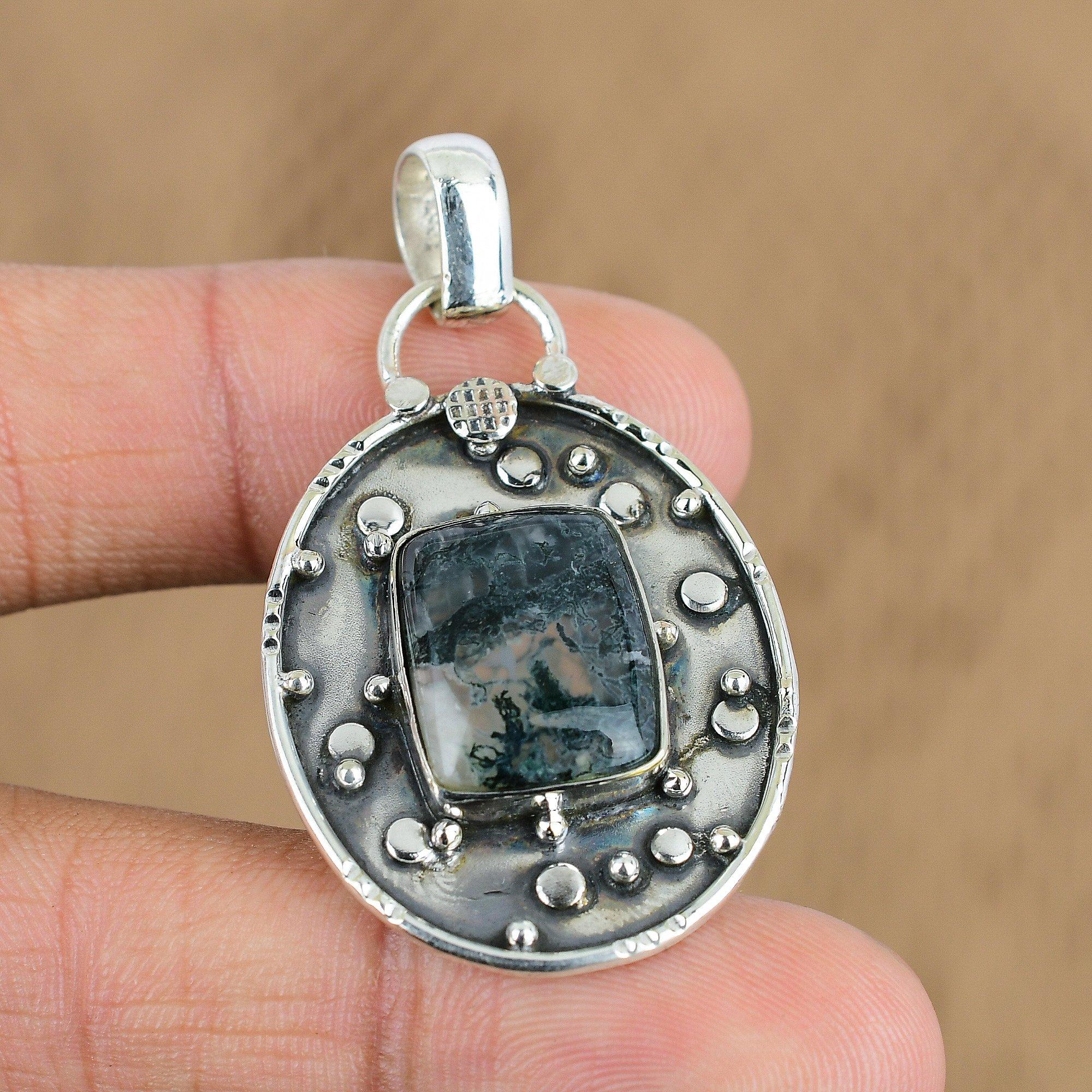 

Anniversary Gift For Her Natural Solar Moss Agate Gemstone Pendant 925 Silver