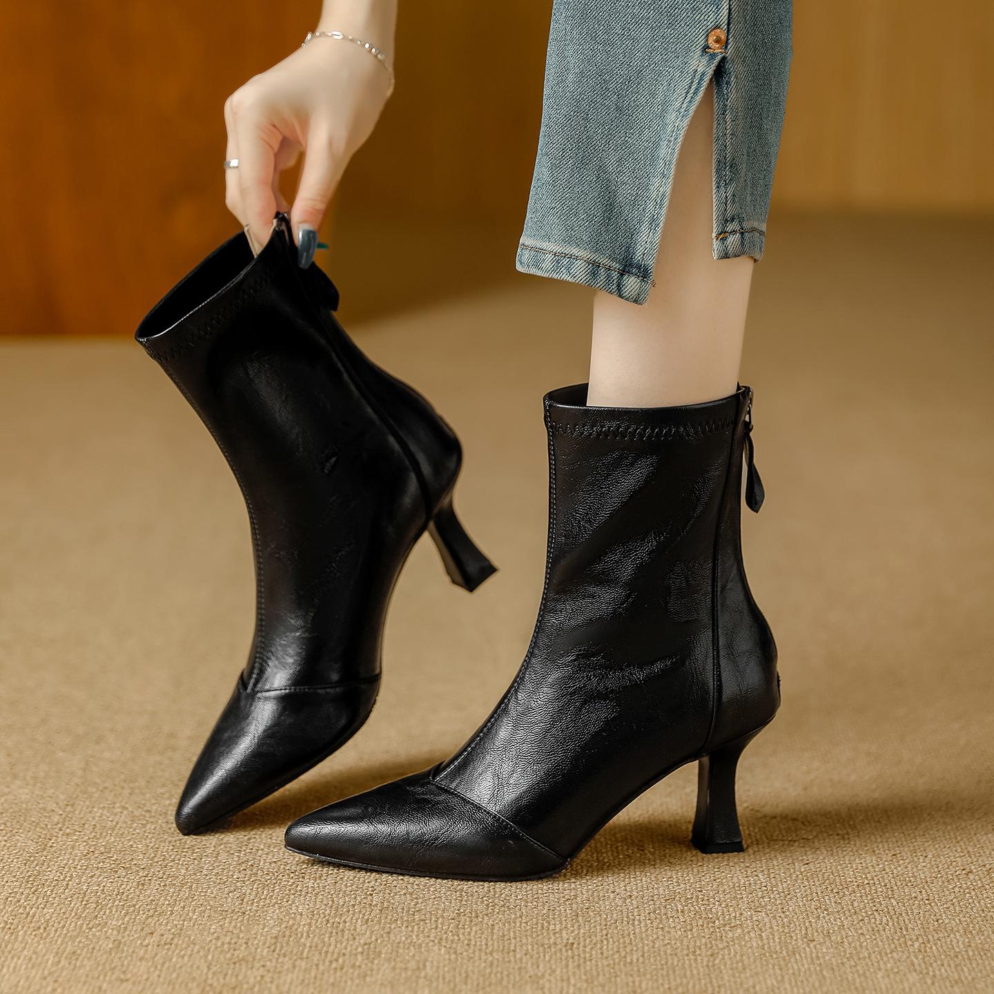 

Женские французские ретро ботильоны на высоком каблуке с острым носком - Коллекция Осень/Зима 2025, Универсальная мягкая кожа и эластичная посадка 39