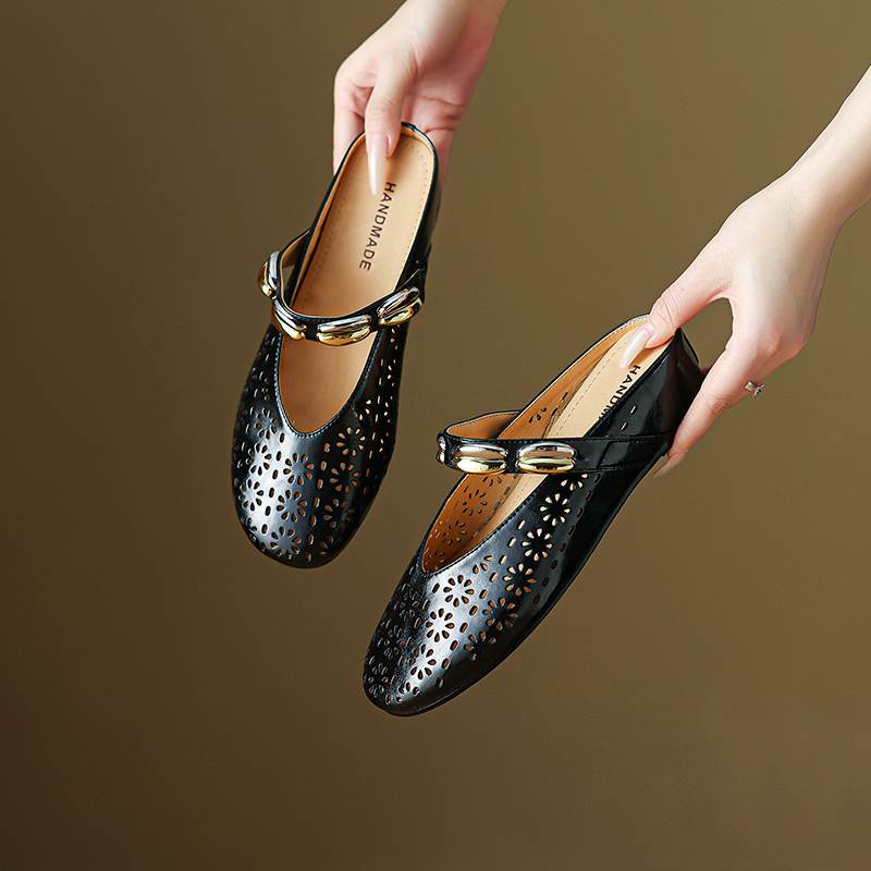 Krazing Pot Cow Skin Mules Round Toe Size 42 Low Heels Slip On Light Shoes Increased Hollow Style Autumn Pumps