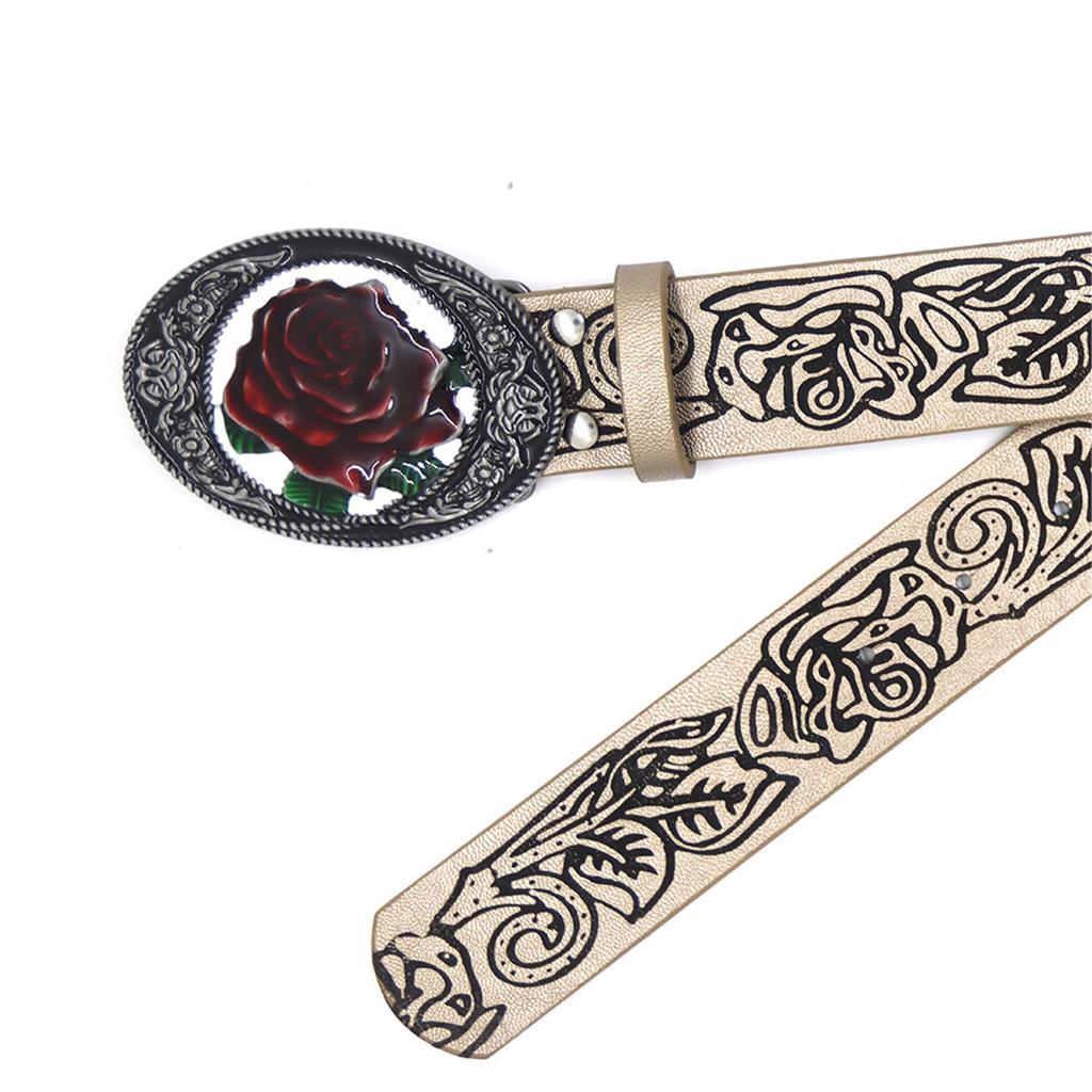 Embossed Pattern PU Belt for Women Subcultures Pin Belt Rose Buckle Waist Belt Elegant Belt for Teens Girl Pants Belt