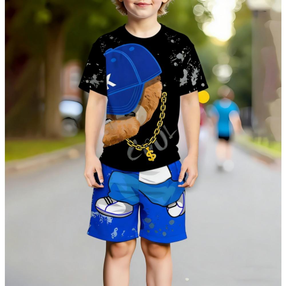 Europe and America Hip Hop Bear Men's Set Summer Men's T-shirt and Shorts 2 Piece Set Outdoor Casual Men's and Women's Outfit