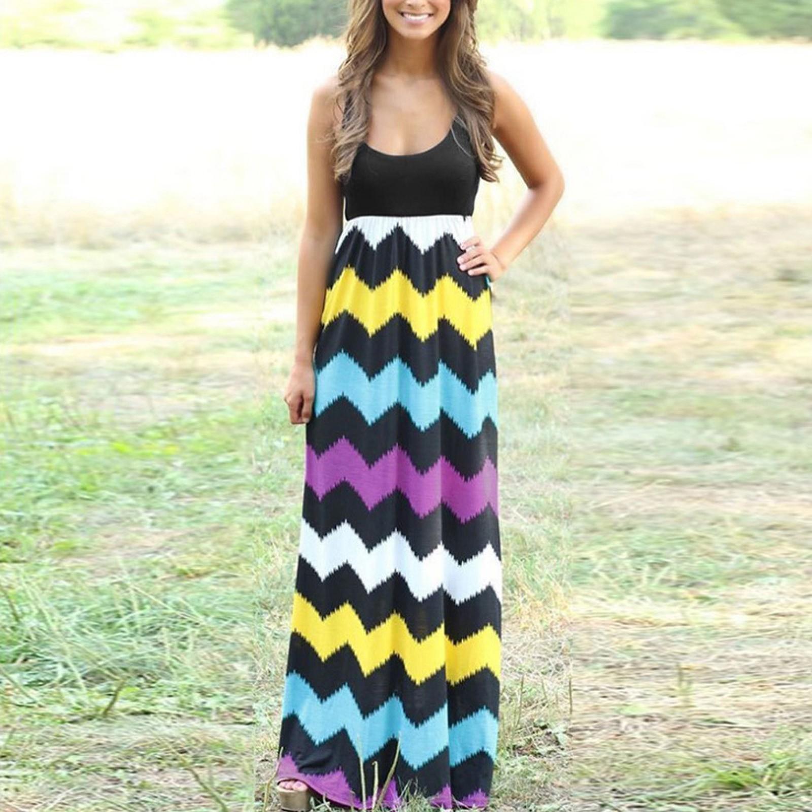 

Women s Casual Striped Long Boho Dress Lady Beach Summer Sundrss Maxi Dress M