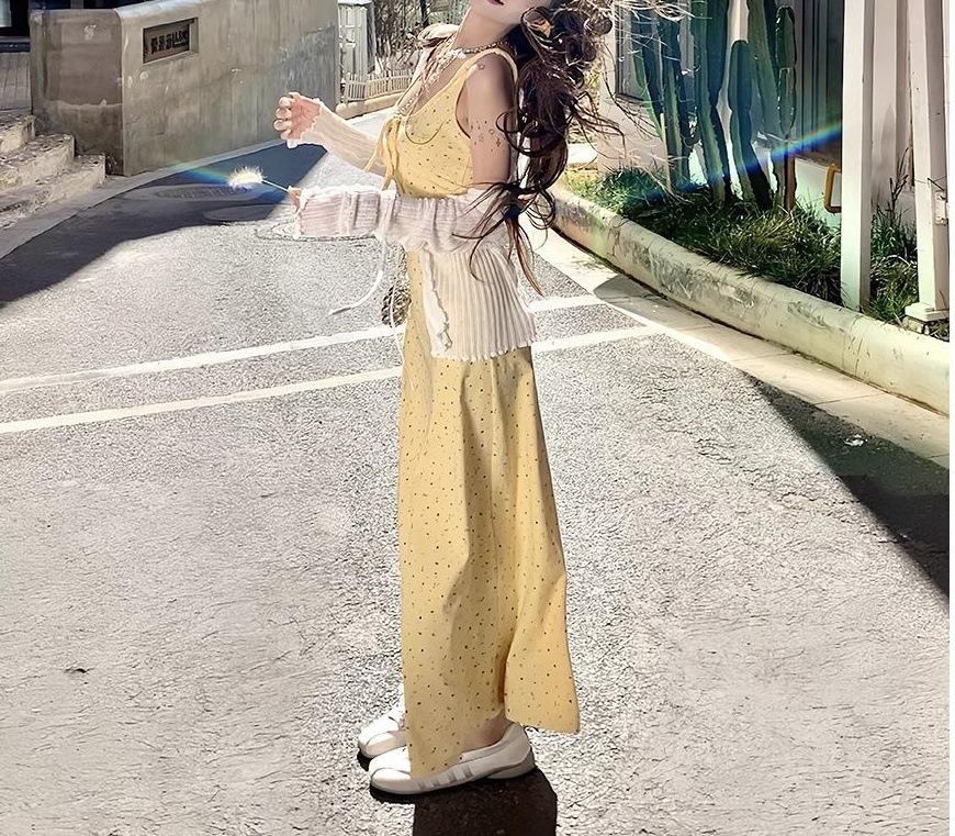 2025 Желтое Французское Цветочное Принт Маленький Рост Весна/Лето На Бретельках Длинное Платье L