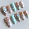 24pcs Manicure Long Almond False Nails French Flower Starburst Press On Nails Detachable Aurora Fake Nails DIY