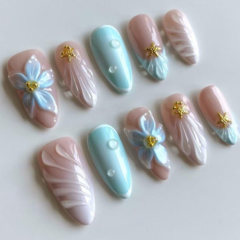 24pcs Manicure Long Almond False Nails French Flower Starburst Press On Nails Detachable Aurora Fake Nails DIY