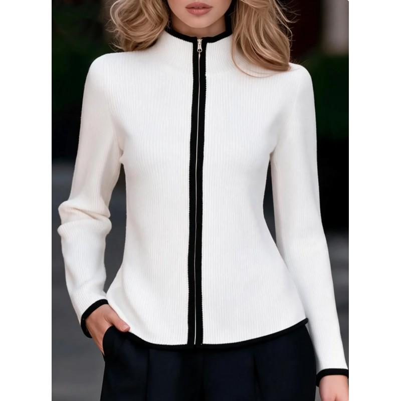 Damen Halbrollkragen Colorblock Besatz Reißverschluss Strick Cardigan Kurzer Mantel Elegante Bürokleidung