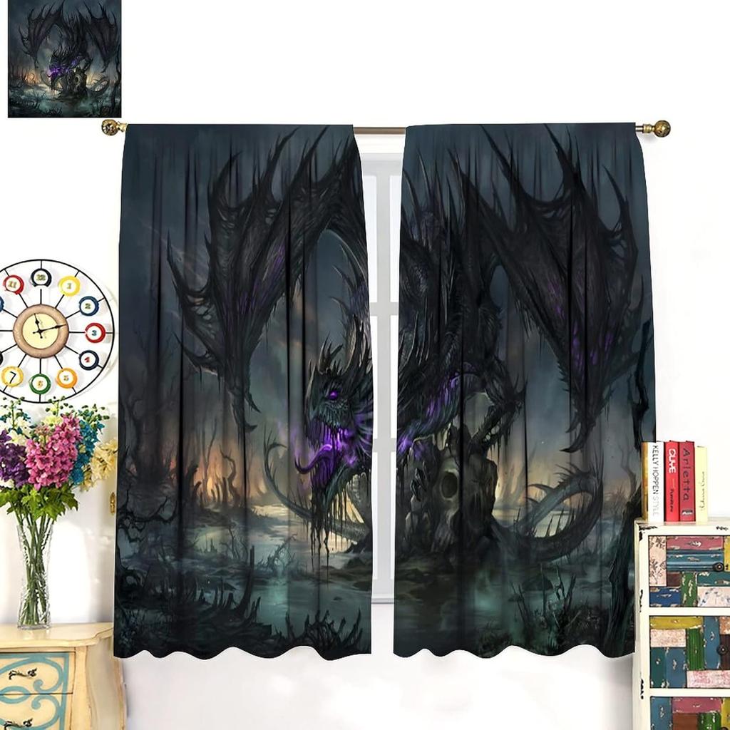 Game Room Curtain Black Dragon Curtain Skeleton Gothic Decoration Window Treatments Fantasy Dream Theme Blackout Window Curtain