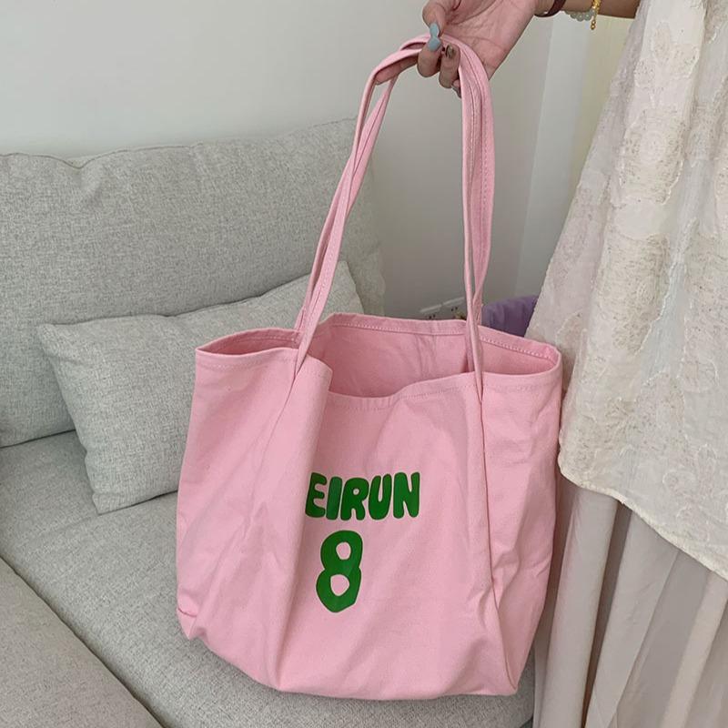 Niche Design and Fashionable Canvas Tote Bag New Pink Letter Commuting Versatile Large Capacity Shoulder Bag
