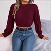 Autumn/Winter Casual Solid-Colour Cable-Knit Long-Sleeved Pullover with Cropped Hem for Women