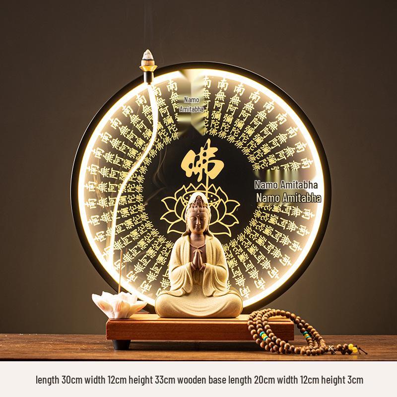 Ceramic Seated Guanyin On Lotus with Light Ring and Anjali Mudra for Home Decor