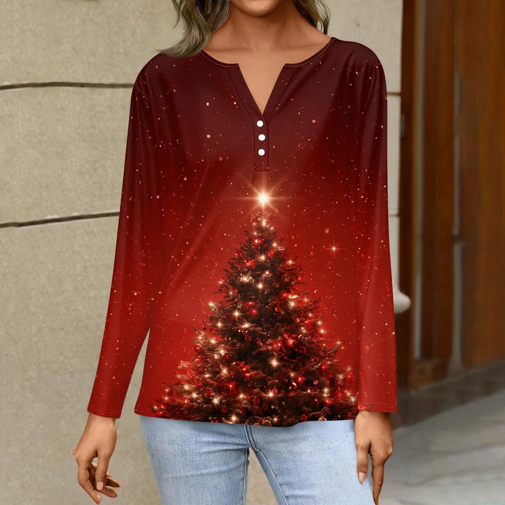 Women's Casual Christmas Print V-Neck Long Sleeve T-Shirt with Decorative Buttons for Holiday Parties