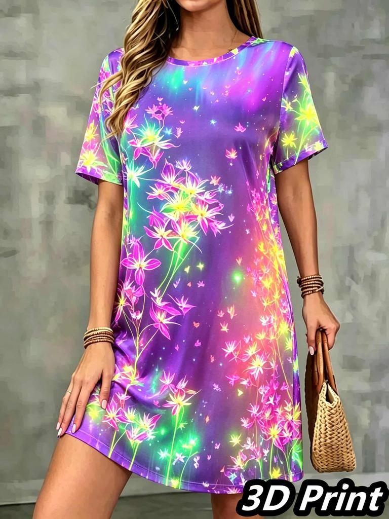 Fashion 3D Print Summer Dress Loose Casual Short Sleeve O-Neck Mini Dress