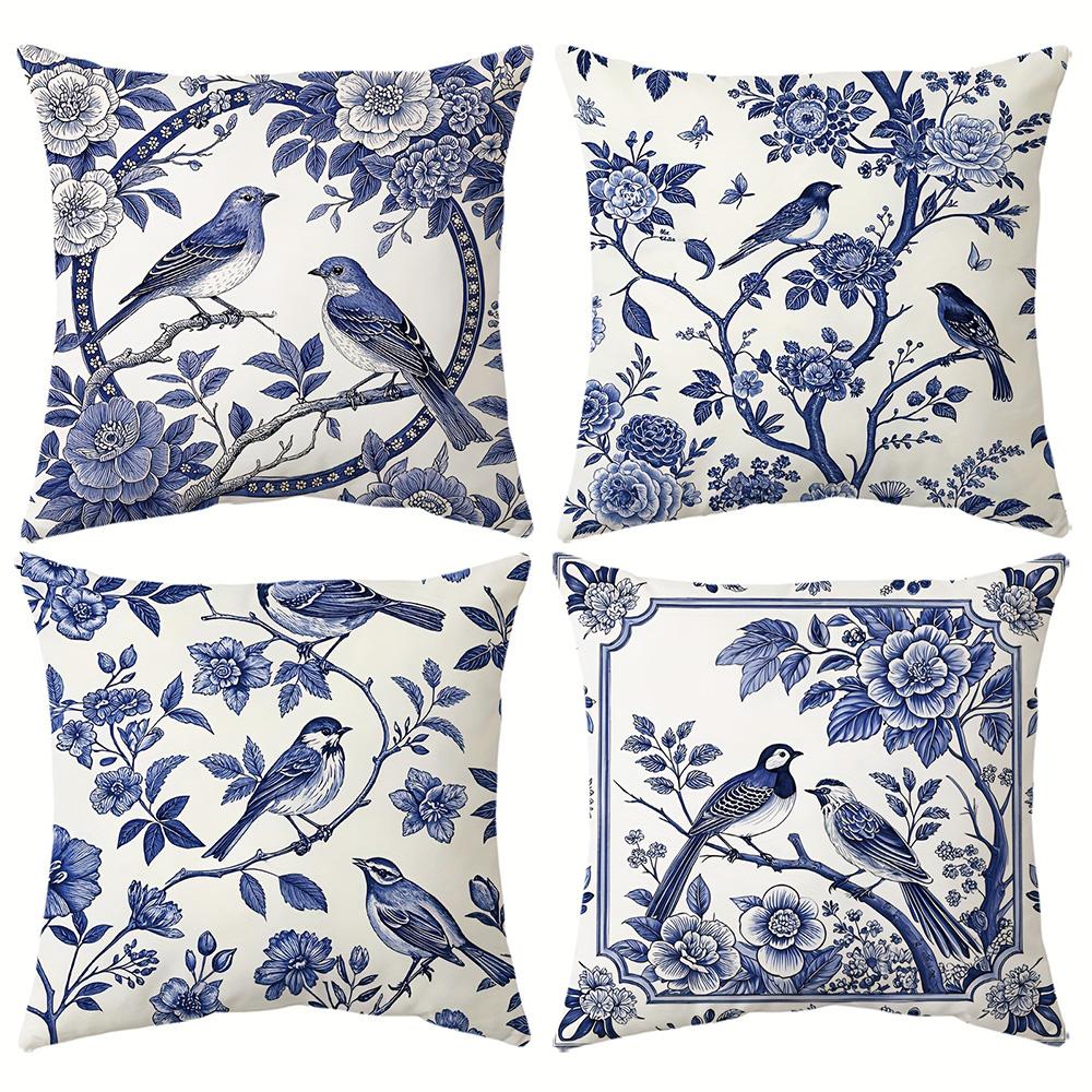 1/4 Stück Blaue und Weiße Vogel- und Blumenmuster-Kissenbezüge Sofakissenbezug Heim Schlafzimmer Zimmer Dekoration