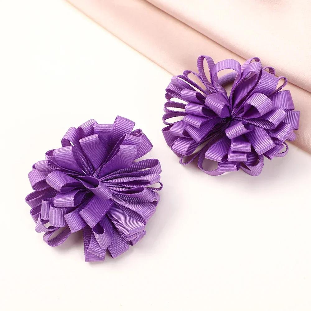 2pcs/set 2.76'' Elastics Ribbon Flower Ball Hair Band for Girls Princess Big Grosgrain Hairrope Pretty Hair Tie Accessories Gift