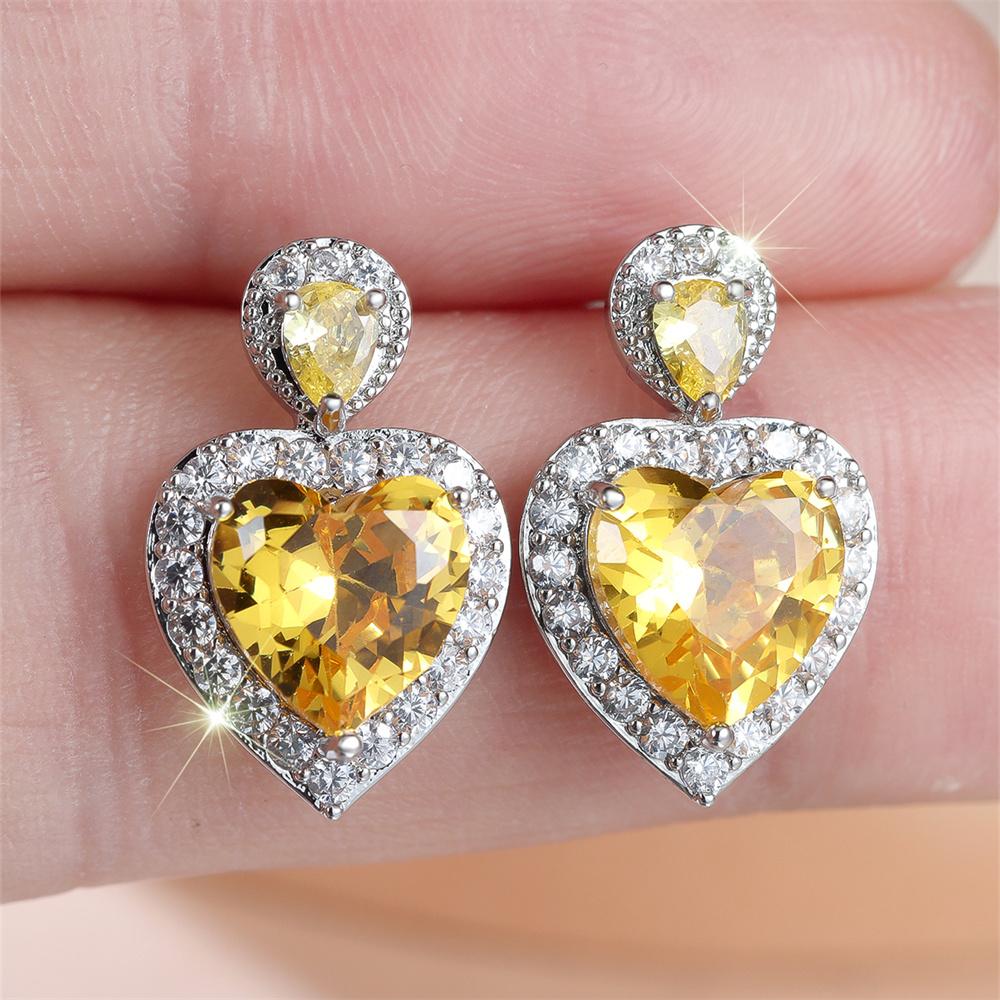 Желтый Кристалл Белый Циркон Любовь Сердце Камень Серьги-гвоздики для женщин Винтажный Серебристый цвет Свадебные серьги Валентин Ювелирный подарок