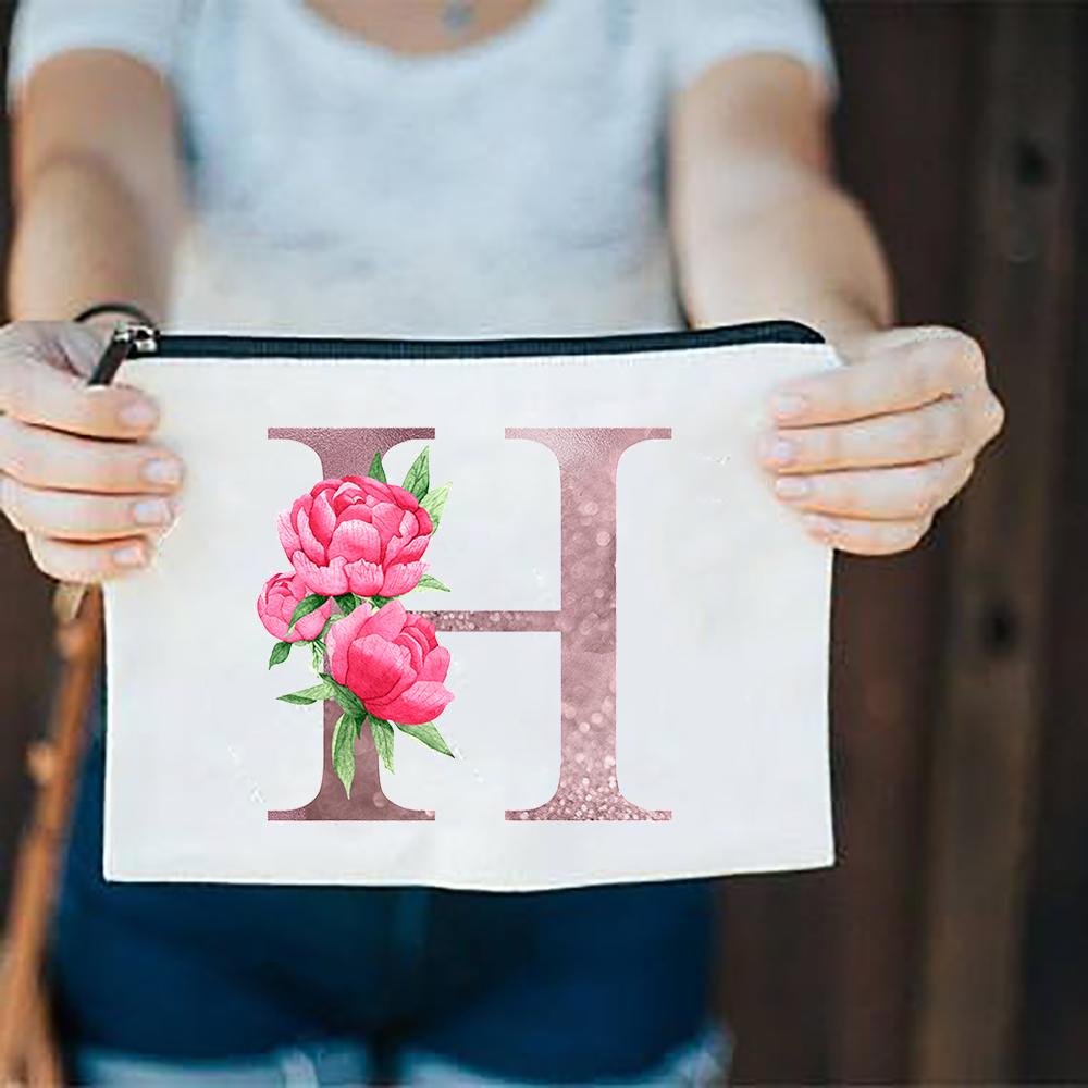 Pink Flowers Alphabet A-Z White Canvas Makeup Bags Zipper Cosmetic Pouch Ladies Casual Fashion Storage Organizer Make Up Bag