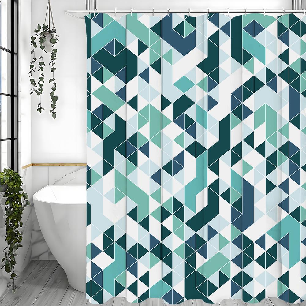 Creative Green Geometric Shower Curtain, Bathroom Decorative Shower Curtain, Waterproof Shower Curtain with Hooks