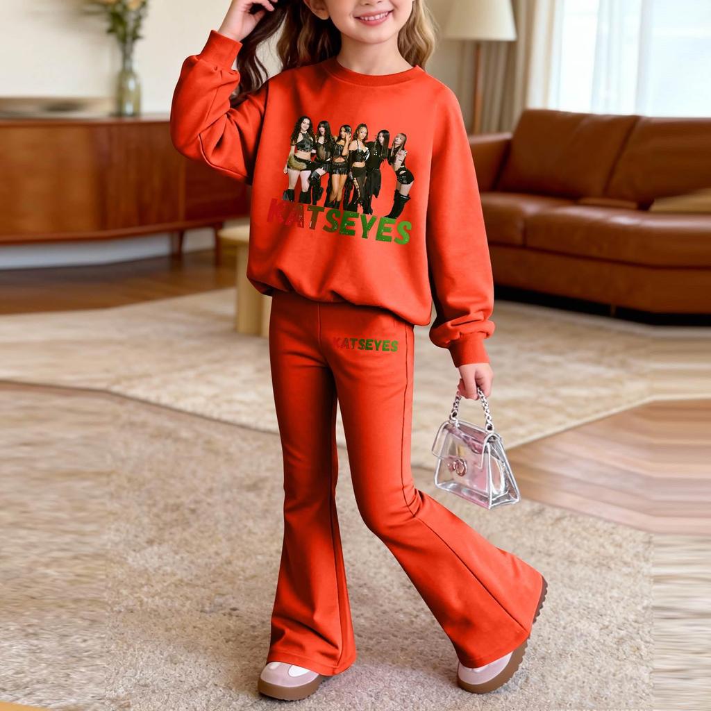 Kids Printed Long Sleeve Neck Top and Pants Set, Casual Loose Fit Outfit for Boys Girls