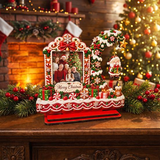 Wooden Craft Decor Christmas Photo Frame, 2D Picture Holder with Santa Snowman & Decorative Snowflake Pendant, Family Display Frame for Home