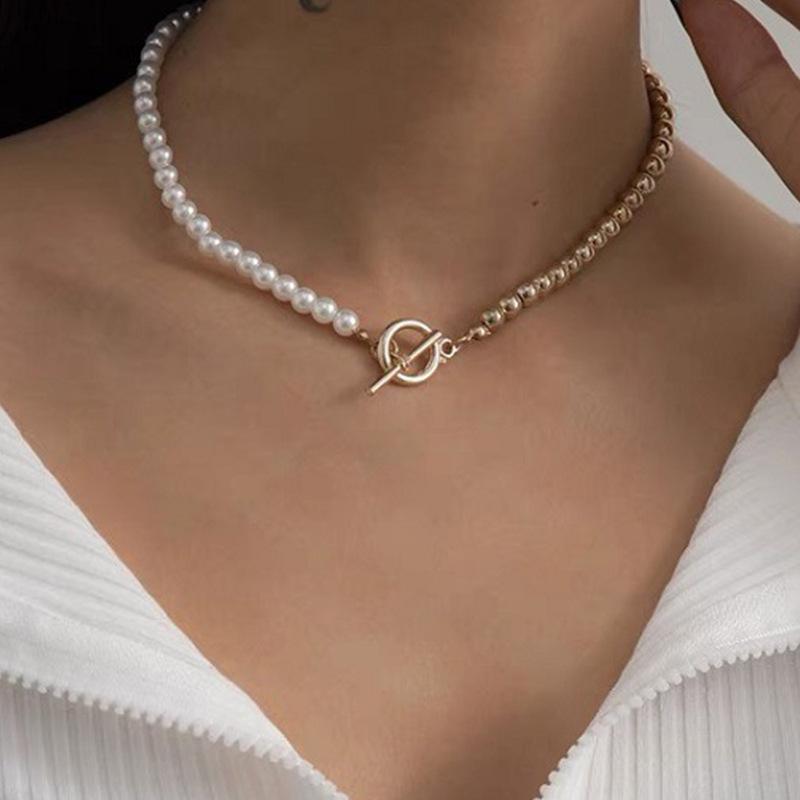 High quality 2026 creative pearl splicing necklace personality fashion Internet celebrity OT buckle choker collarbone chain niche design