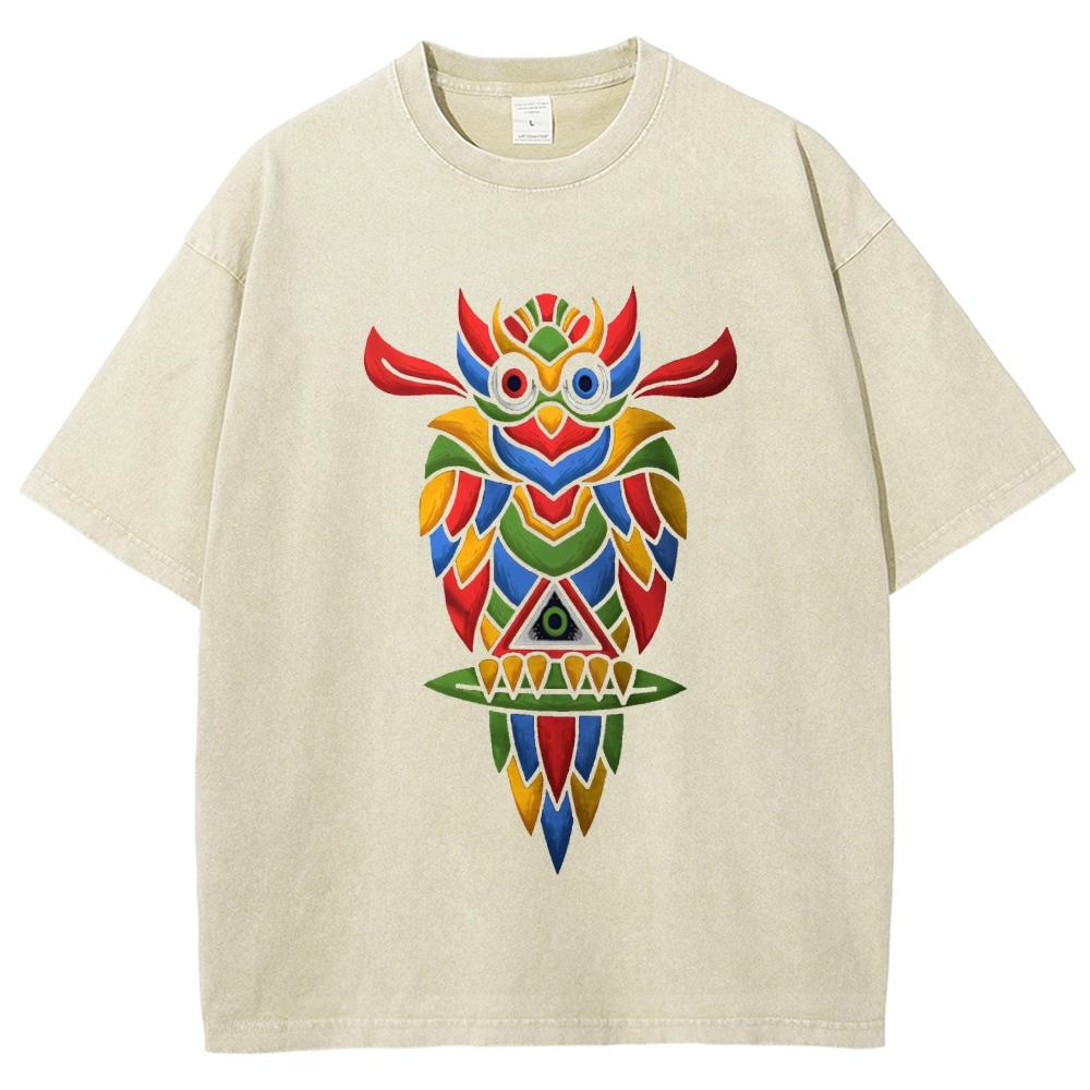 Cartoon Color Owl Print Ladies T-Shirt Loose Wash Oversized Crew Neck Short Sleeve Student Casual Simple Tee