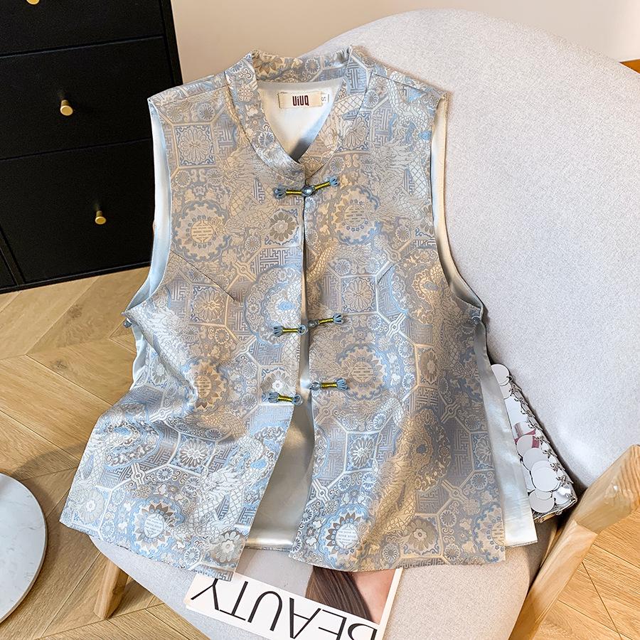 Elegant Chinese Stand Collar Embroidered Jacquard Satin Vest for Women