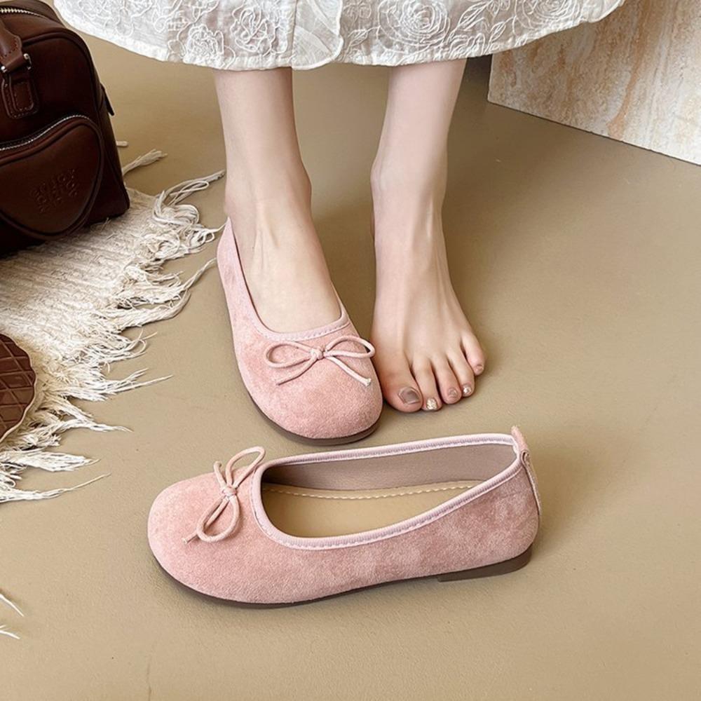 Pantofi de balet cu fundă din piele întoarsă franțuzească la modă, primăvară și vară, nou, delicat, slip-on, cu față moale, pantofi plați de damă, la modă