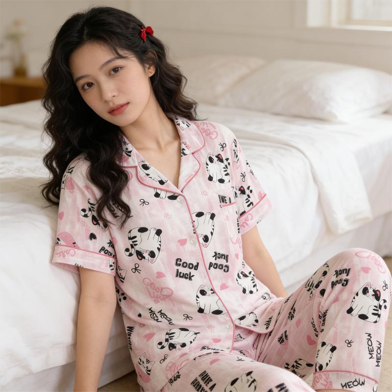 Women's Pajamas Set Cat Print Sleepwear Button Down Tops Long Pajama 2 Piece Suit Pyjama Femme Nightwear Loungewear for Summer