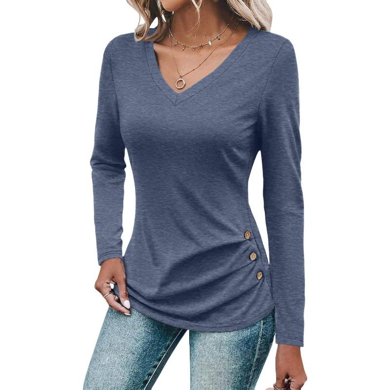 Women's Loose Fashion Solid Colour Long Sleeve Top Button Detail Knitted Multi Stretch Comfort T Shirt