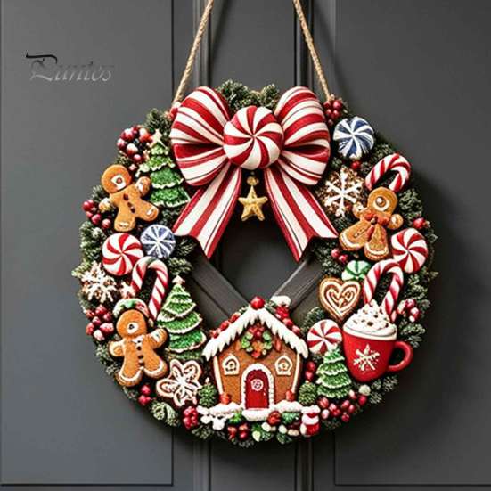 Cintre de Porte Décoratif en Bois Mannele Couronne Panneau pour Porte d'Entrée, Plaque Suspendue Rétro de Noël avec Entrée Festive Saisonnière Canne à Sucre Ruban