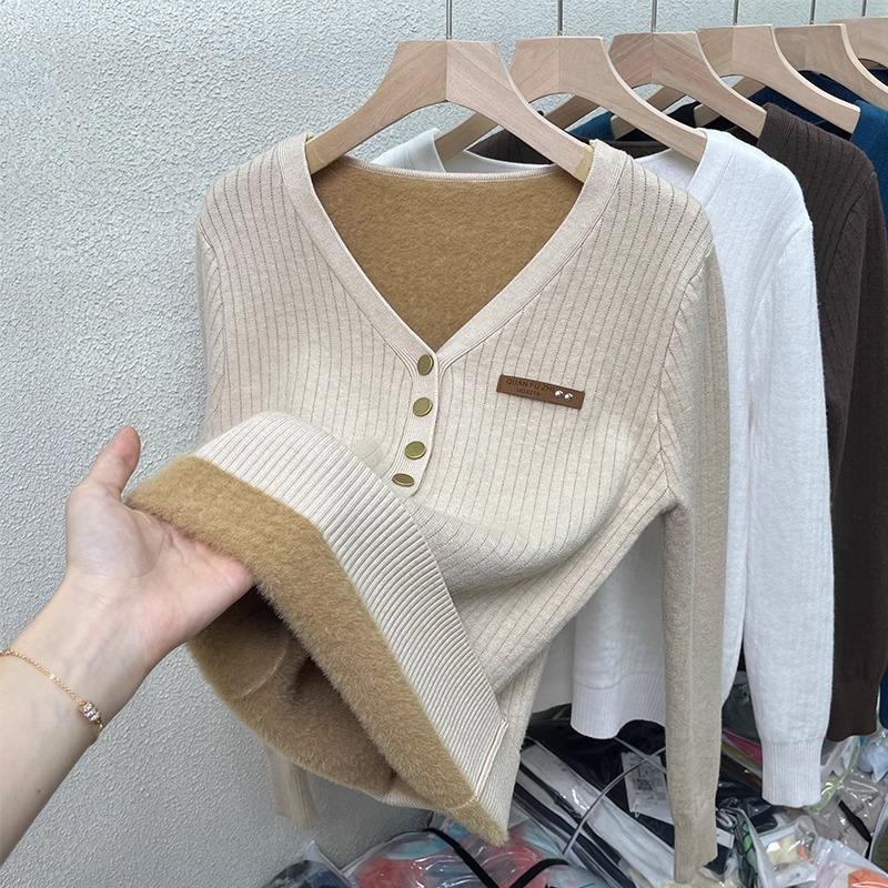 One-piece Fleece-neck Sweater for Women's Autumn and Winter New Fleece Thickened Slim-fitting Solid-color Knitted Bottoming Top